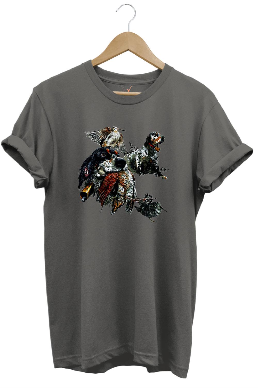 Avcılık Temalı English Setter Ve Kuş Baskılı %100 Pamuk Unisex Regular Fit T-Shirt - Antrasit