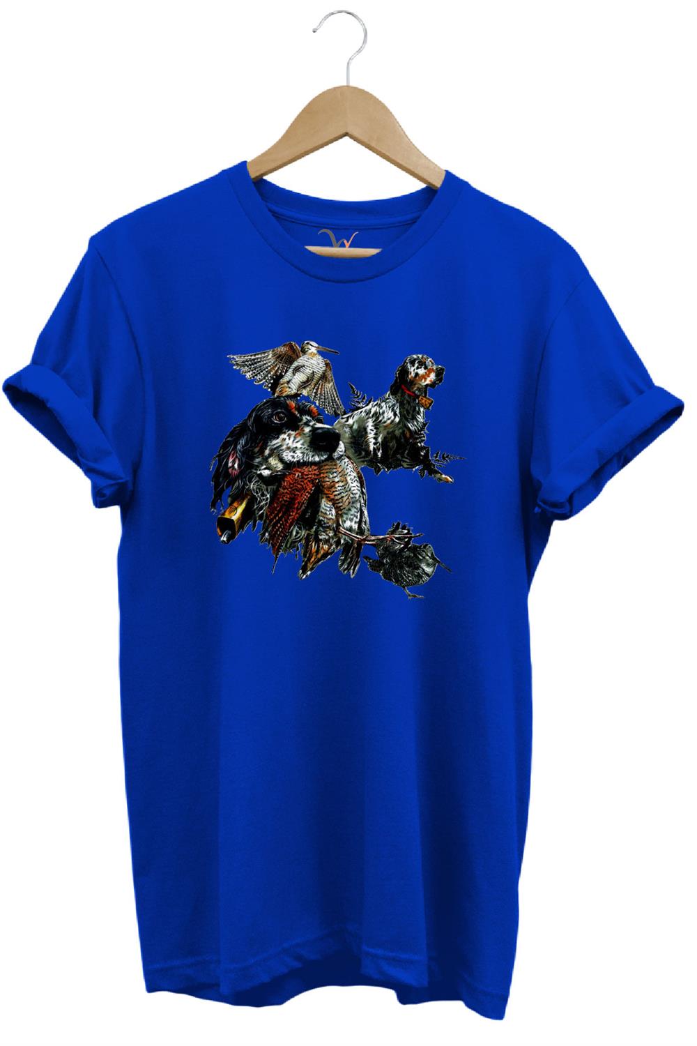 Avcılık Temalı English Setter Ve Kuş Baskılı %100 Pamuk Unisex Regular Fit T-Shirt - Mavi
