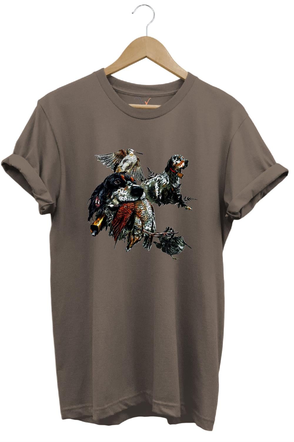 Avcılık Temalı English Setter Ve Kuş Baskılı %100 Pamuk Unisex Regular Fit T-Shirt - Kahve