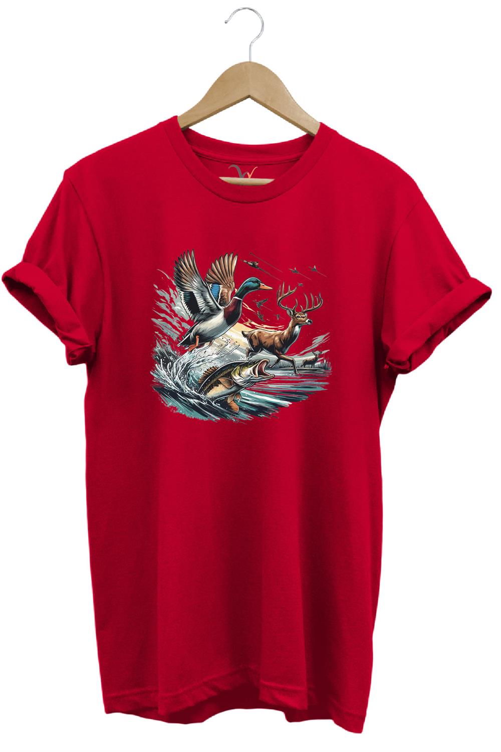 Avcılık Temalı Geyik, Ördek Ve Balık Tasarımlı %100 Pamuk Unisex Regular Fit T-Shirt - Kırmızı