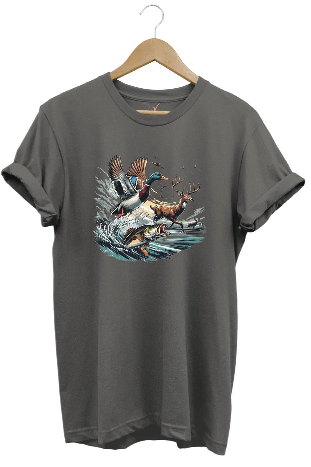 Avcılık Temalı Geyik, Ördek Ve Balık Tasarımlı %100 Pamuk Unisex Regular Fit T-Shirt - Antrasit