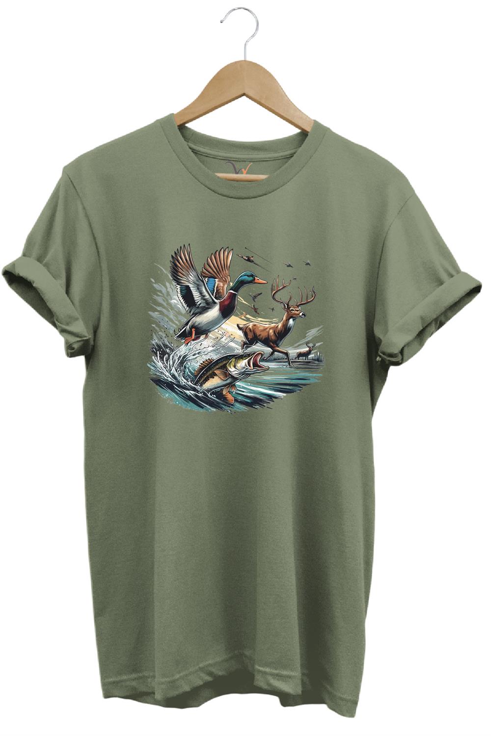 Avcılık Temalı Geyik, Ördek Ve Balık Tasarımlı %100 Pamuk Unisex Regular Fit T-Shirt - Haki