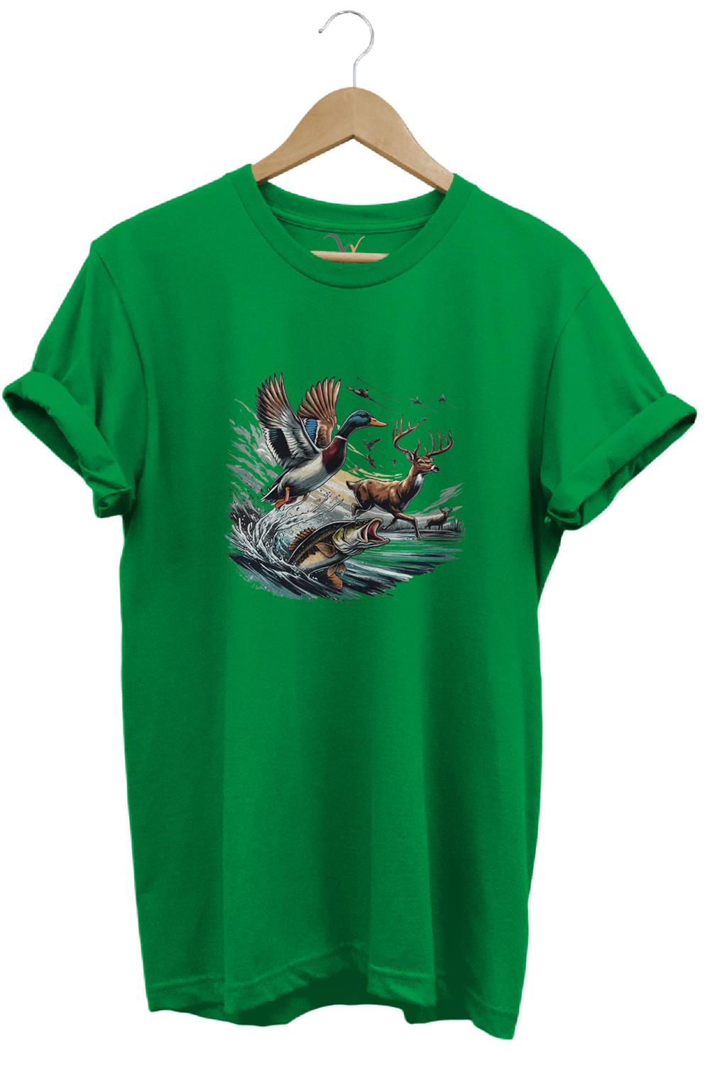 Avcılık Temalı Geyik, Ördek Ve Balık Tasarımlı %100 Pamuk Unisex Regular Fit T-Shirt - Yeşil
