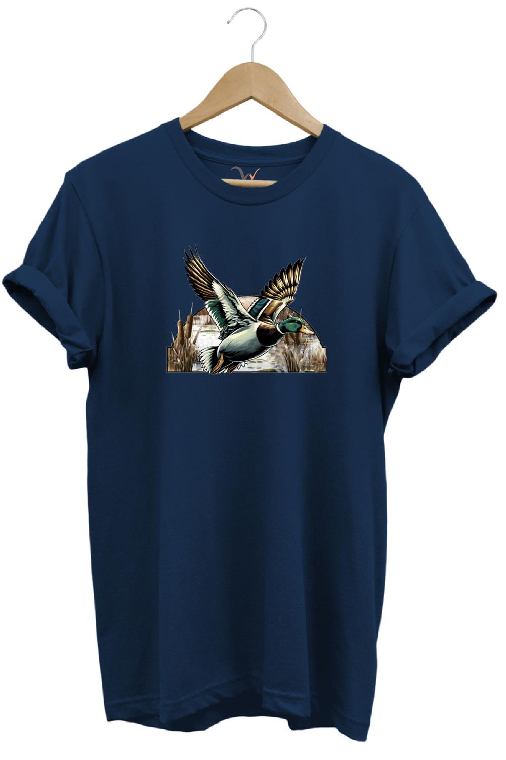 Avcılık Temalı Uçan Ördek Baskılı %100 Pamuk Unisex Regular Fit T-Shirt - Lacivert