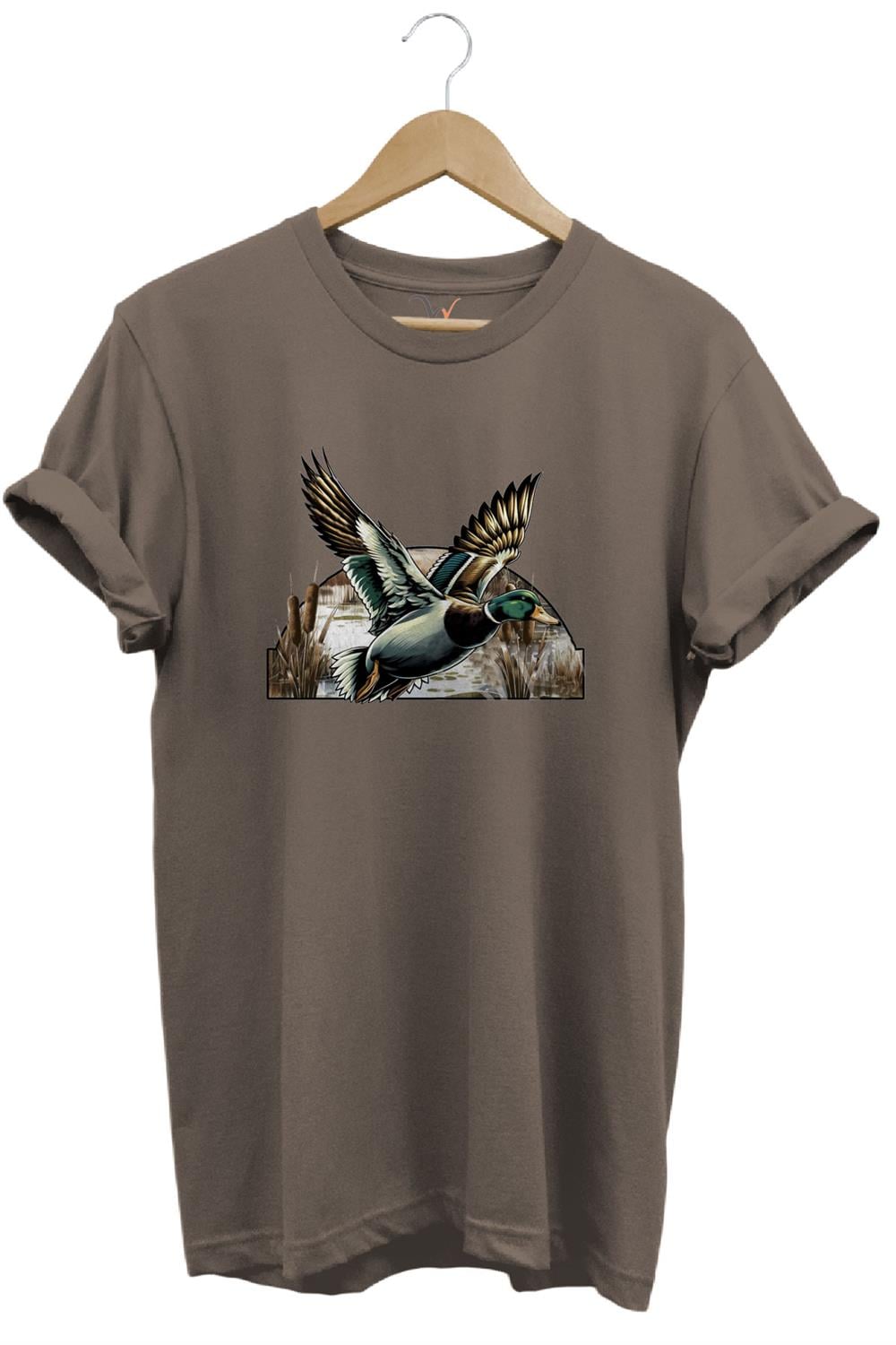 Avcılık Temalı Uçan Ördek Baskılı %100 Pamuk Unisex Regular Fit T-Shirt - Kahve