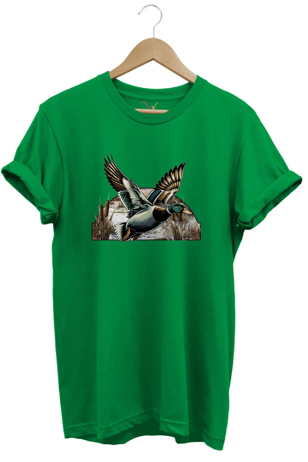 Avcılık Temalı Uçan Ördek Baskılı %100 Pamuk Unisex Regular Fit T-Shirt - Yeşil