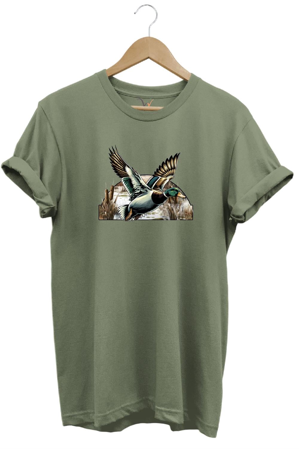 Avcılık Temalı Uçan Ördek Baskılı %100 Pamuk Unisex Regular Fit T-Shirt - Haki
