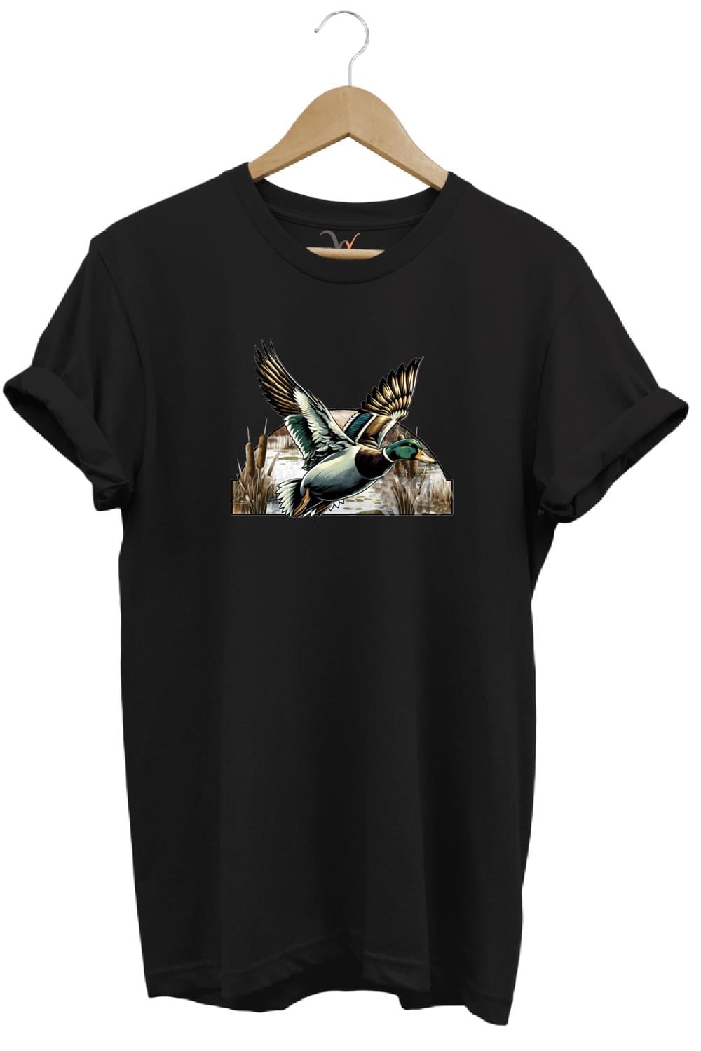 Avcılık Temalı Uçan Ördek Baskılı %100 Pamuk Unisex Regular Fit T-Shirt - Siyah