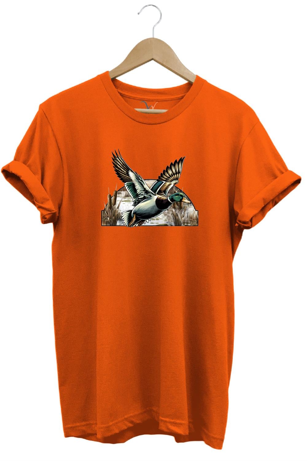 Avcılık Temalı Uçan Ördek Baskılı %100 Pamuk Unisex Regular Fit T-Shirt - Turuncu