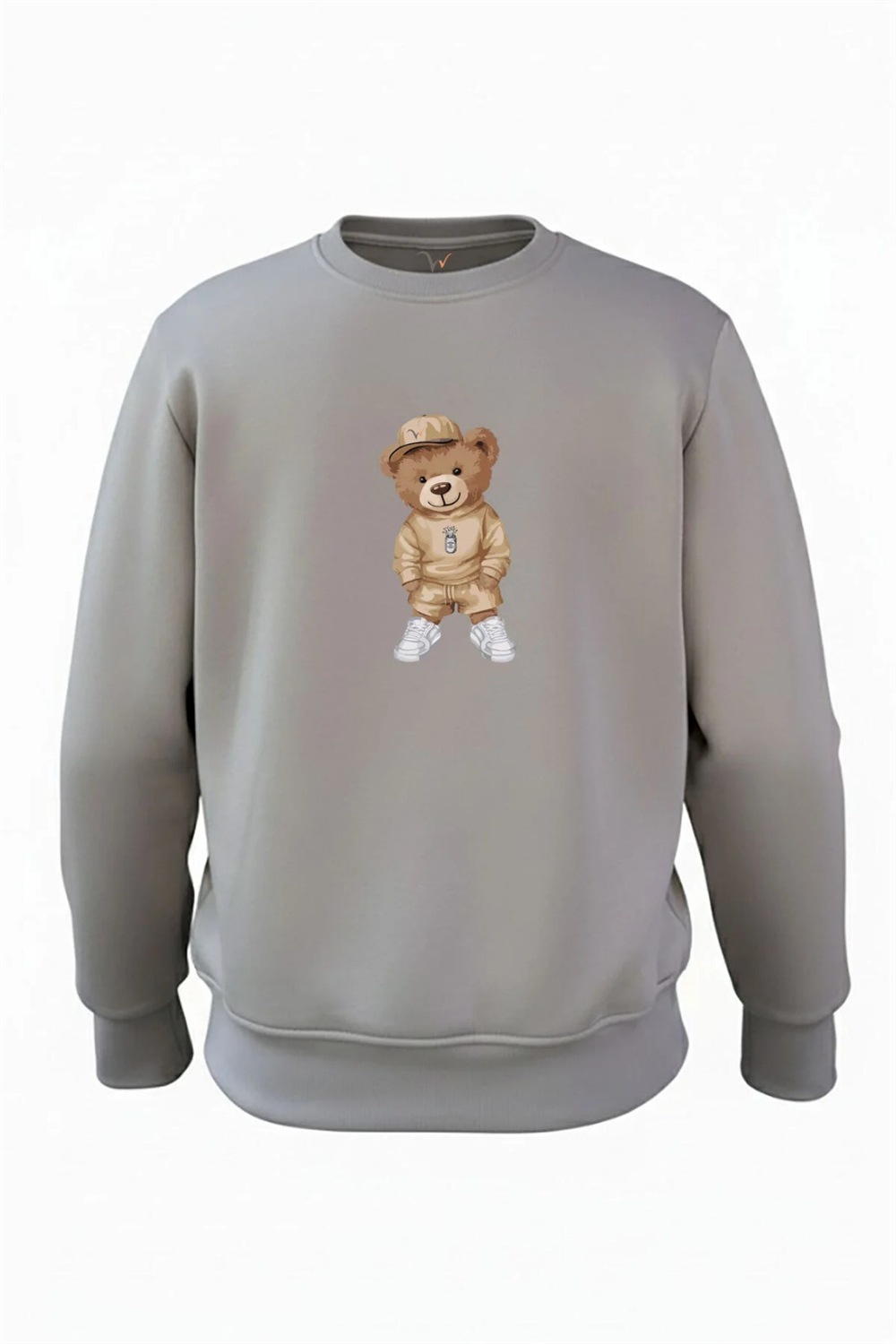 Ayıcık Baskılı Regular Fit 3 İp Şardonlu Bisiklet Yaka %100 Pamuk Sweatshirt - Antrasit