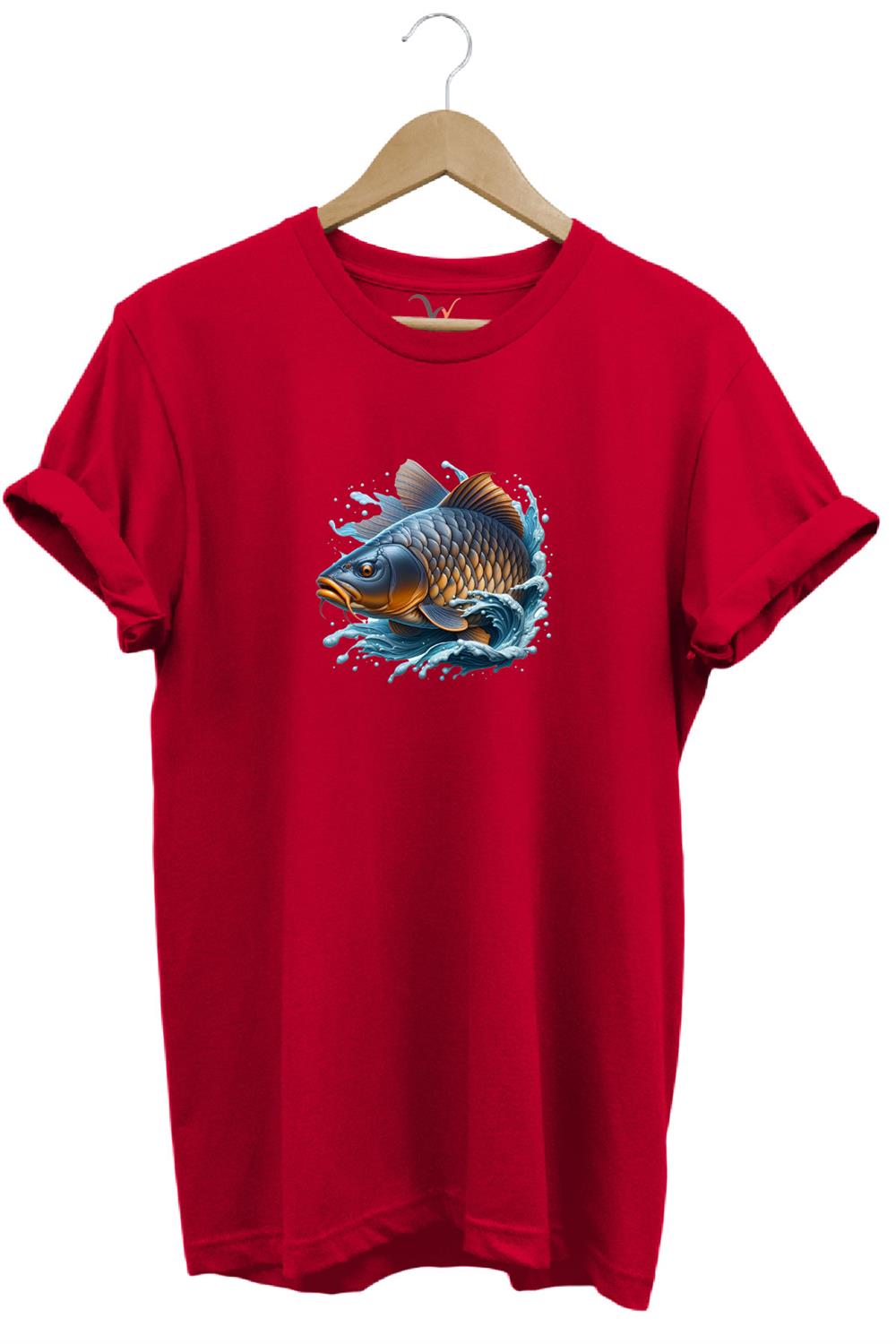Balıkçı Fishing Sazan Avı Balıkçılığı Baskılı %100 Pamuk Regular Fit Bisiklet Yaka T-Shirt - Kırmızı