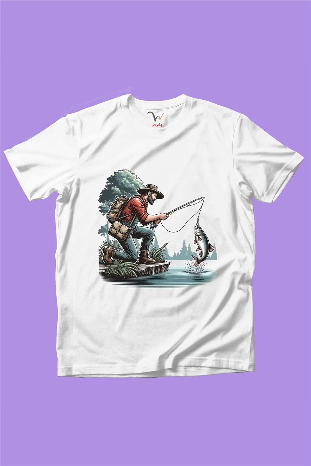 Balıkçı Olta İle Balık Tutmak Deniz Ve Kamp Baskılı %100 Pamuk Premium Erkek Çocuk Kız Çocuk T-Shirt - Beyaz