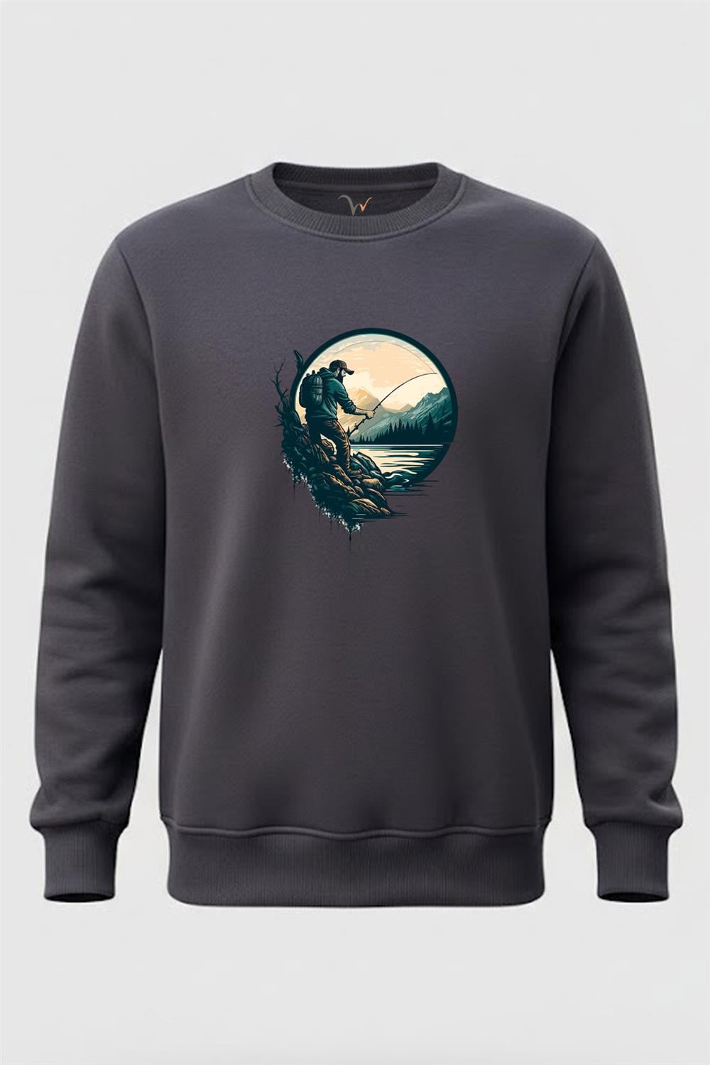 Balıkçı Olta İle Balık Tutmak Ve Doğa Baskılı Regular Fit 3 İplik Şardonlu %100 Pamuk Sweatshirt - Füme