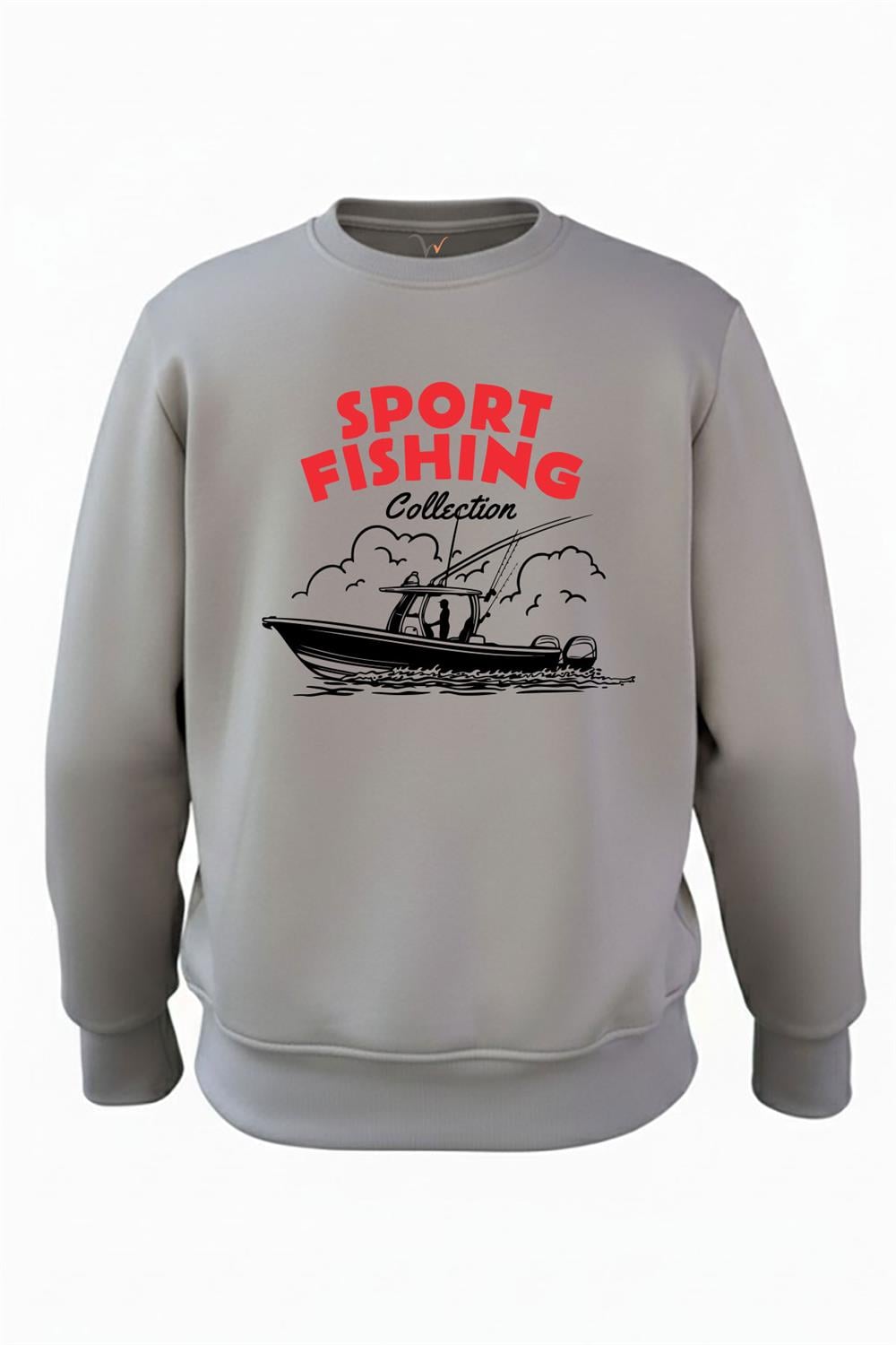 Balıkçılık Teknede Olta İle Balık Tutmak Baskılı 3 İp Şardonlu %100 Pamuk Sweatshirt - Antrasit