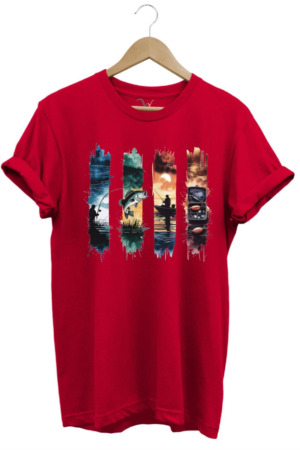 Balıkçılık Temalı Renkli Sahne Baskılı %100 Pamuk Unisex Regular Fit T-Shirt - Kırmızı