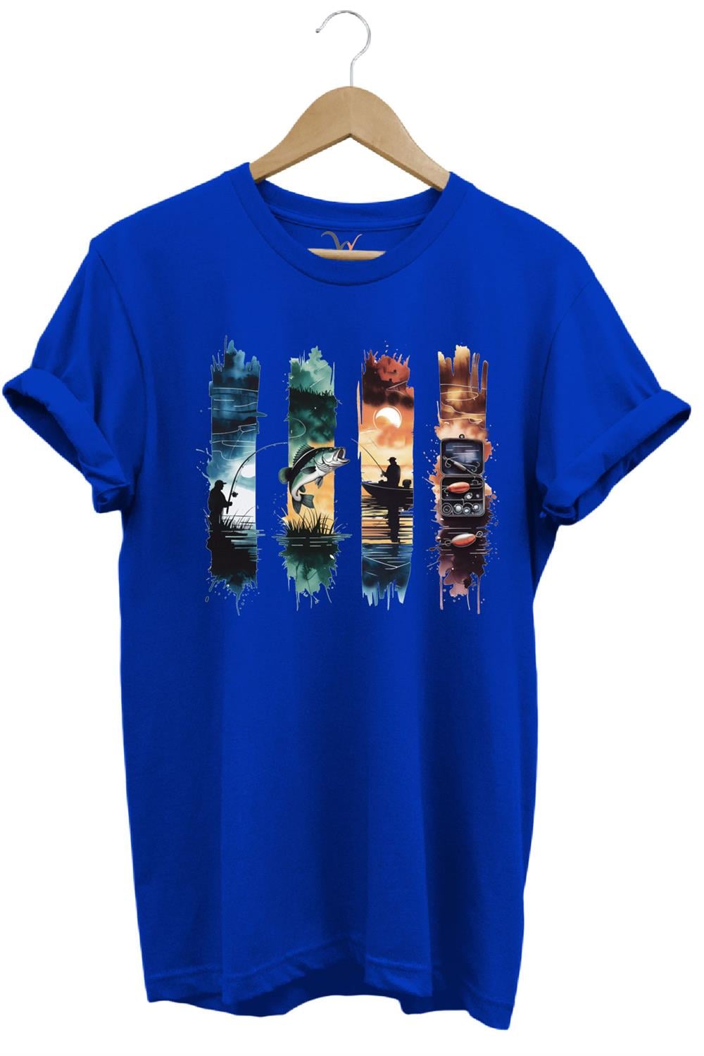 Balıkçılık Temalı Renkli Sahne Baskılı %100 Pamuk Unisex Regular Fit T-Shirt - Mavi