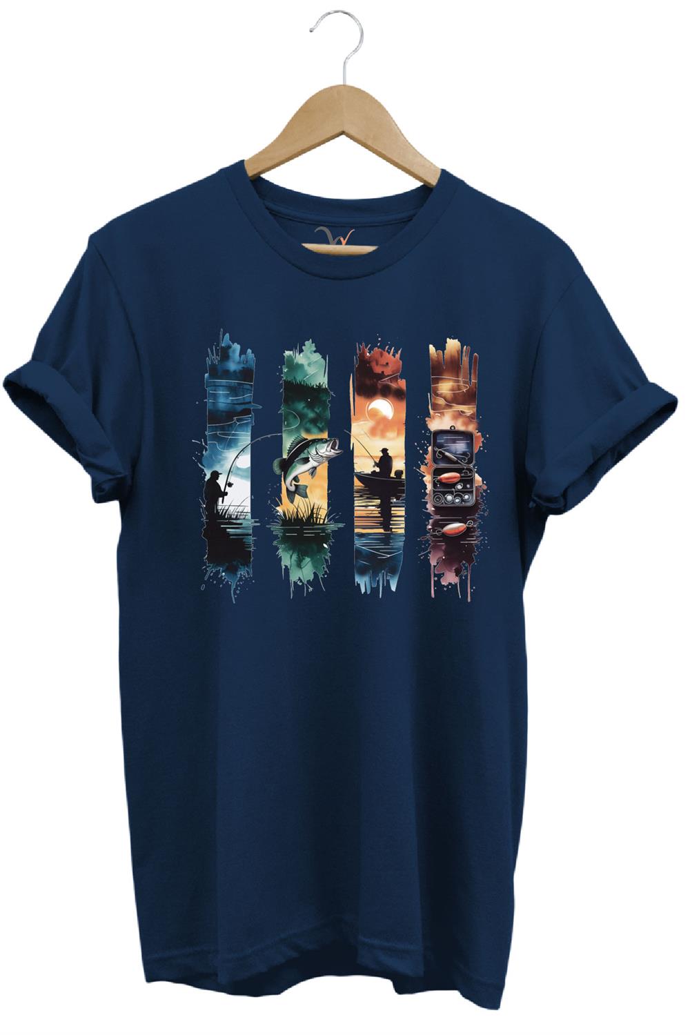 Balıkçılık Temalı Renkli Sahne Baskılı %100 Pamuk Unisex Regular Fit T-Shirt - Lacivert