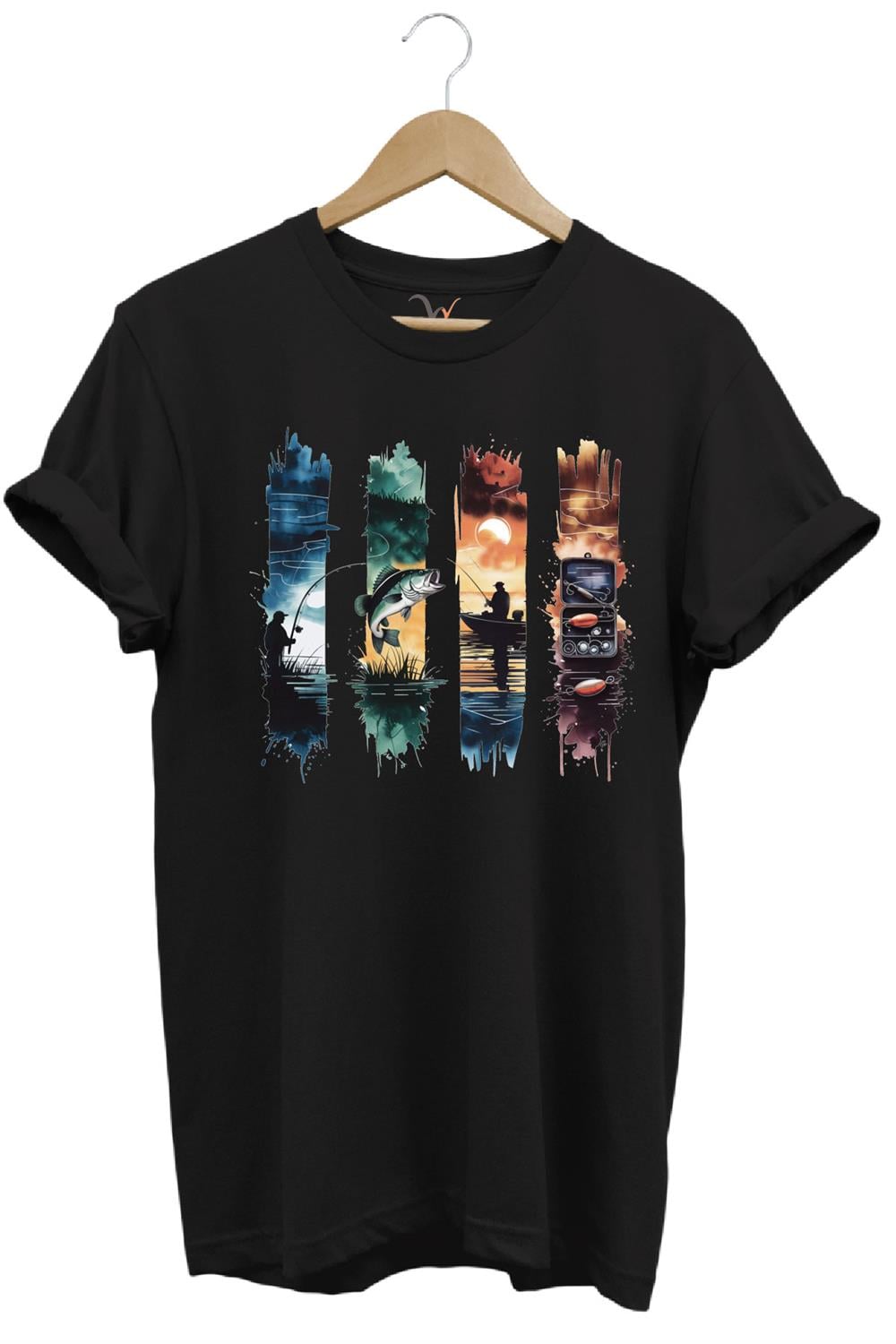 Balıkçılık Temalı Renkli Sahne Baskılı %100 Pamuk Unisex Regular Fit T-Shirt - Siyah