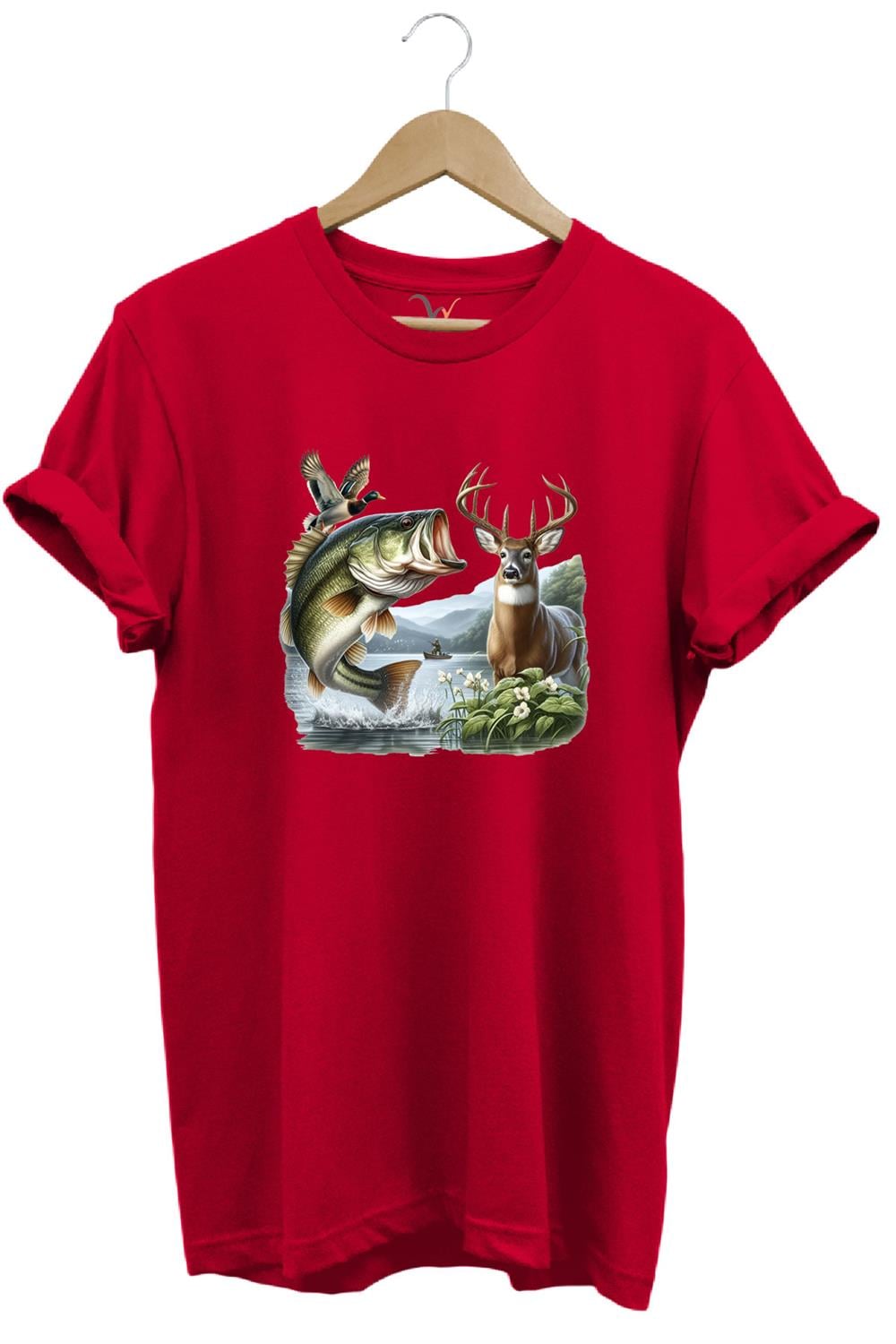 Balıkçılık Ve Avcılık Temalı Geyik, Ördek Ve Turna Balığı Baskılı %100 Pamuk Regular Fit T-Shirt - Kırmızı
