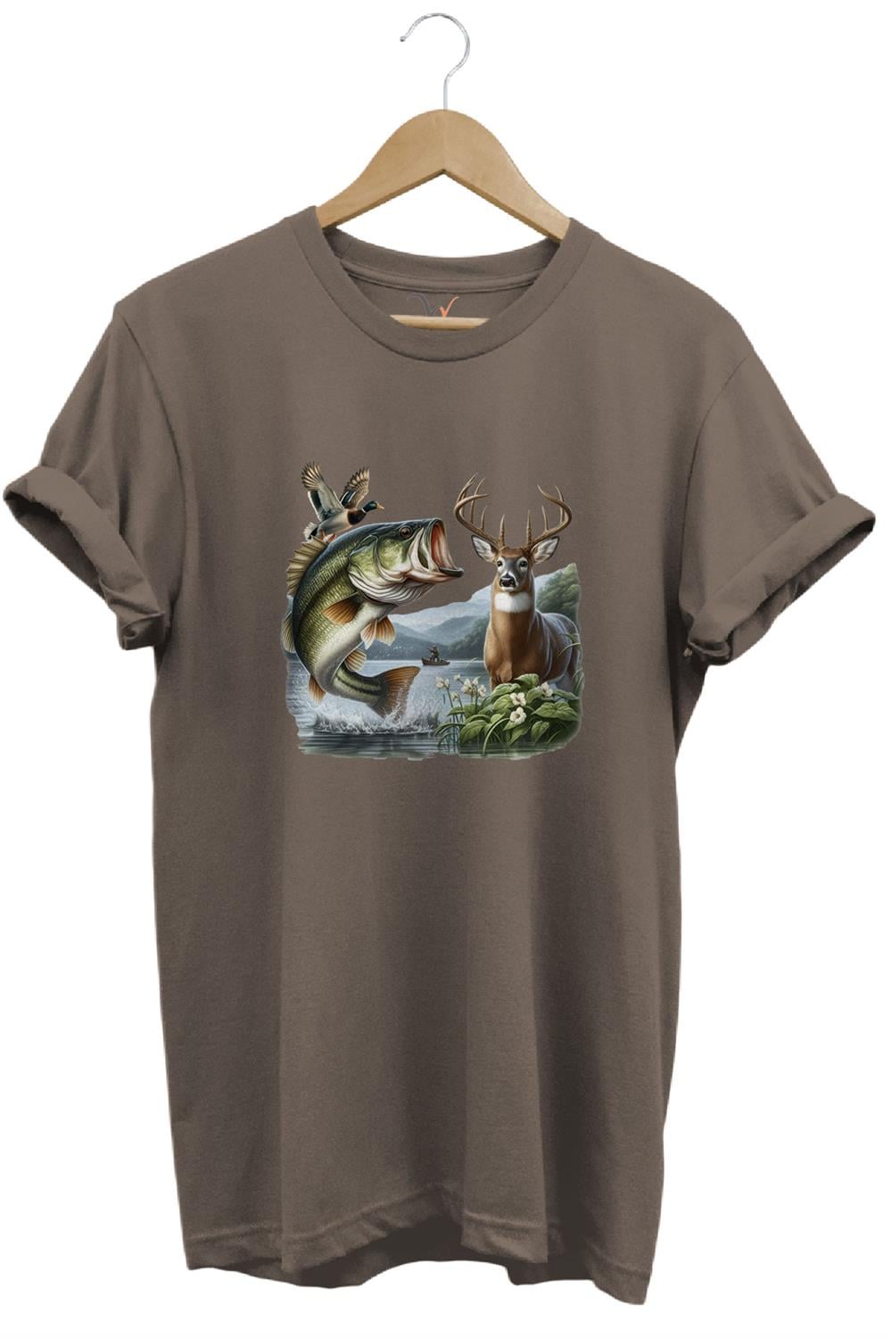 Balıkçılık Ve Avcılık Temalı Geyik, Ördek Ve Turna Balığı Baskılı %100 Pamuk Regular Fit T-Shirt - Kahve