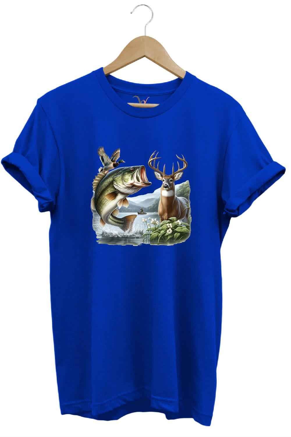 Balıkçılık Ve Avcılık Temalı Geyik, Ördek Ve Turna Balığı Baskılı %100 Pamuk Regular Fit T-Shirt - Mavi