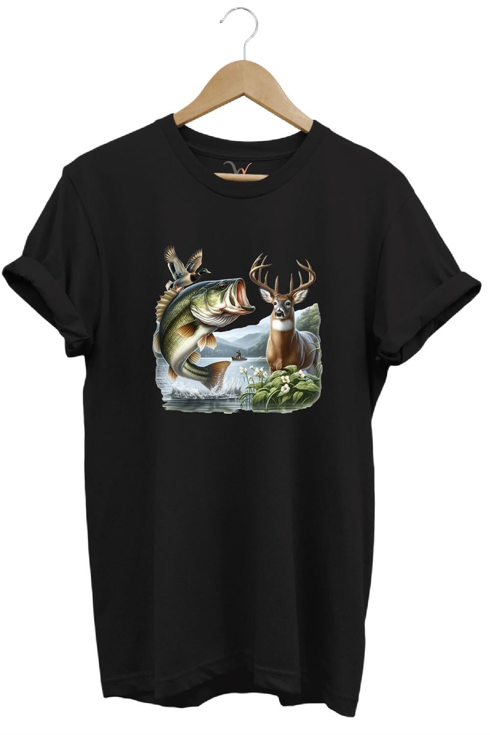 Balıkçılık Ve Avcılık Temalı Geyik, Ördek Ve Turna Balığı Baskılı %100 Pamuk Regular Fit T-Shirt - Siyah