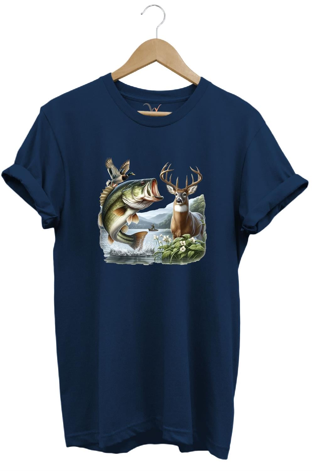 Balıkçılık Ve Avcılık Temalı Geyik, Ördek Ve Turna Balığı Baskılı %100 Pamuk Regular Fit T-Shirt - Lacivert