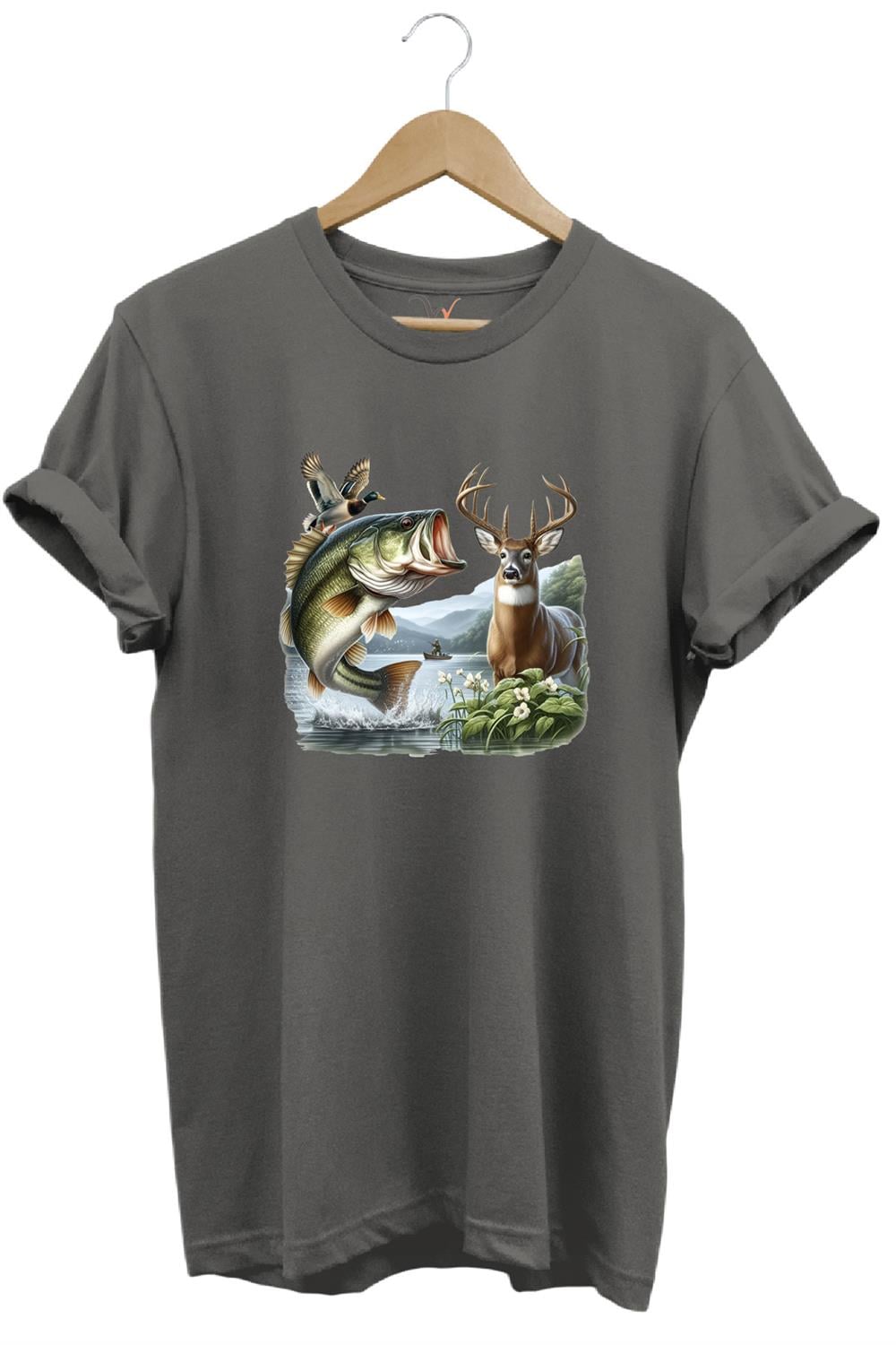 Balıkçılık Ve Avcılık Temalı Geyik, Ördek Ve Turna Balığı Baskılı %100 Pamuk Regular Fit T-Shirt - Antrasit