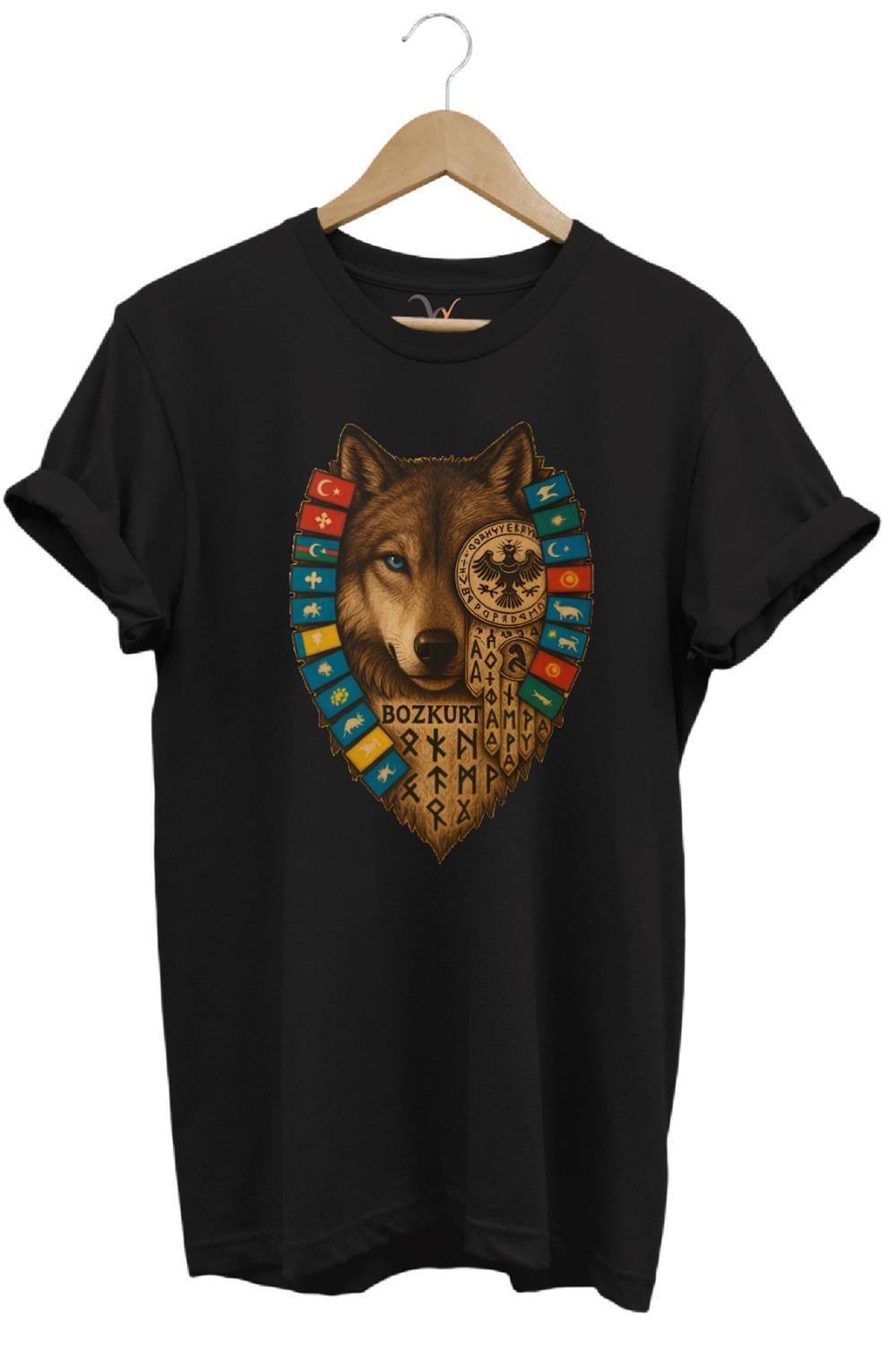 Bozkurt Göktürk Alfabeli Ve Türk Devletleri Bayrakları Baskılı %100 Pamuk Regular Fit T-Shirt - Siyah