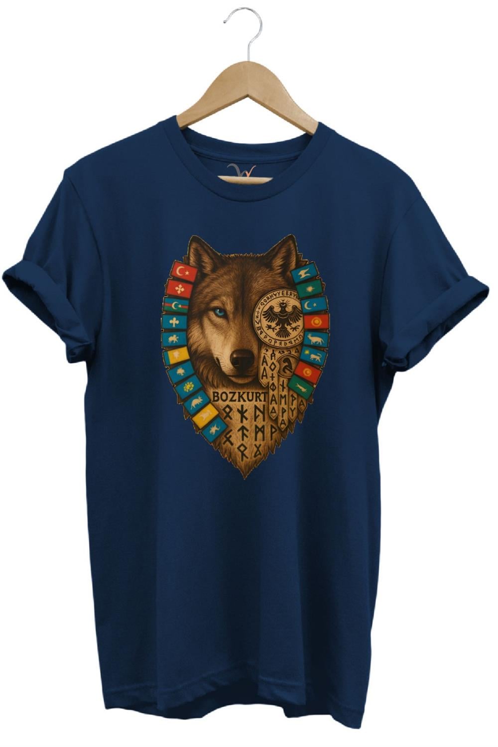 Bozkurt Göktürk Alfabeli Ve Türk Devletleri Bayrakları Baskılı %100 Pamuk Regular Fit T-Shirt - Lacivert