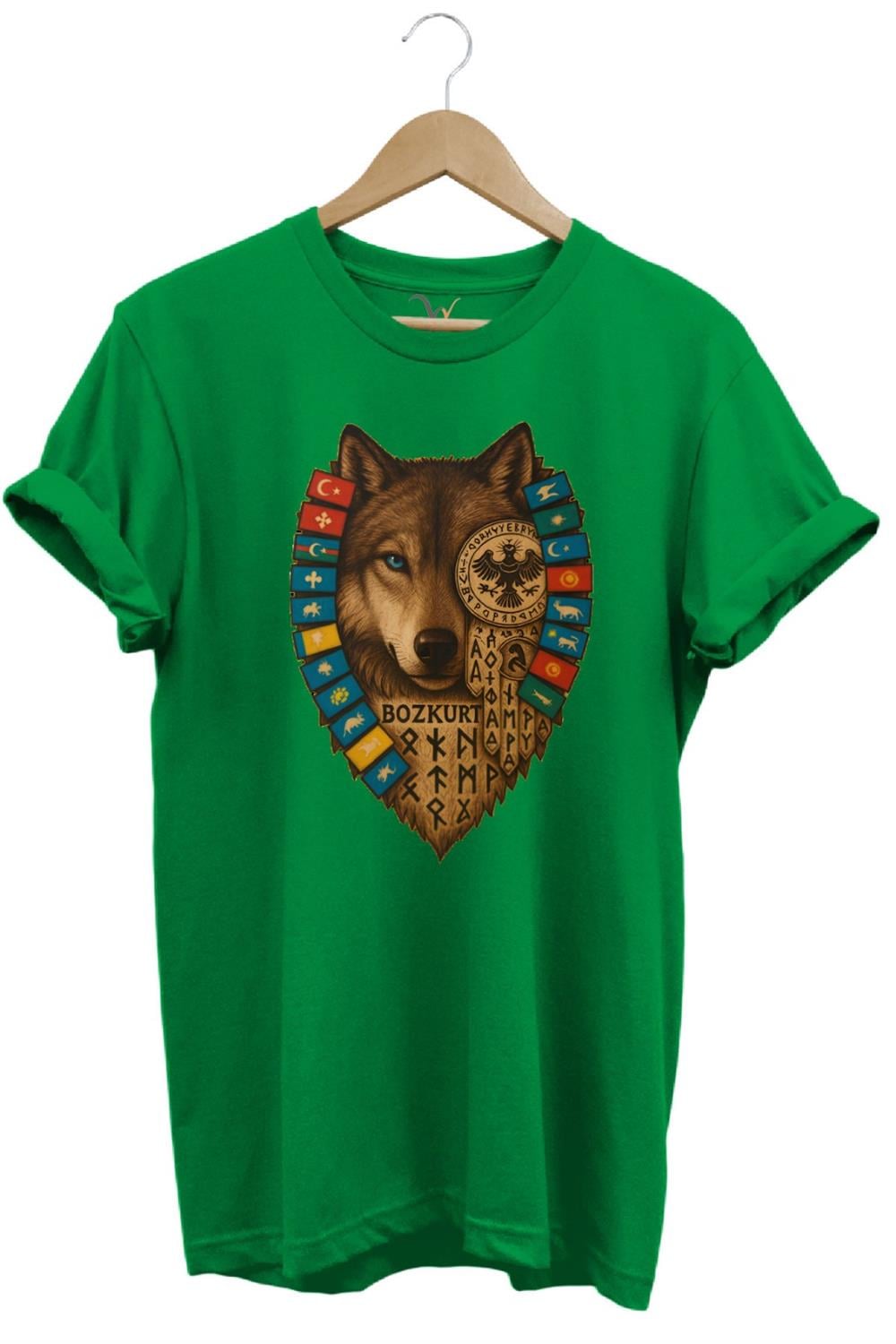 Bozkurt Göktürk Alfabeli Ve Türk Devletleri Bayrakları Baskılı %100 Pamuk Regular Fit T-Shirt - Yeşil
