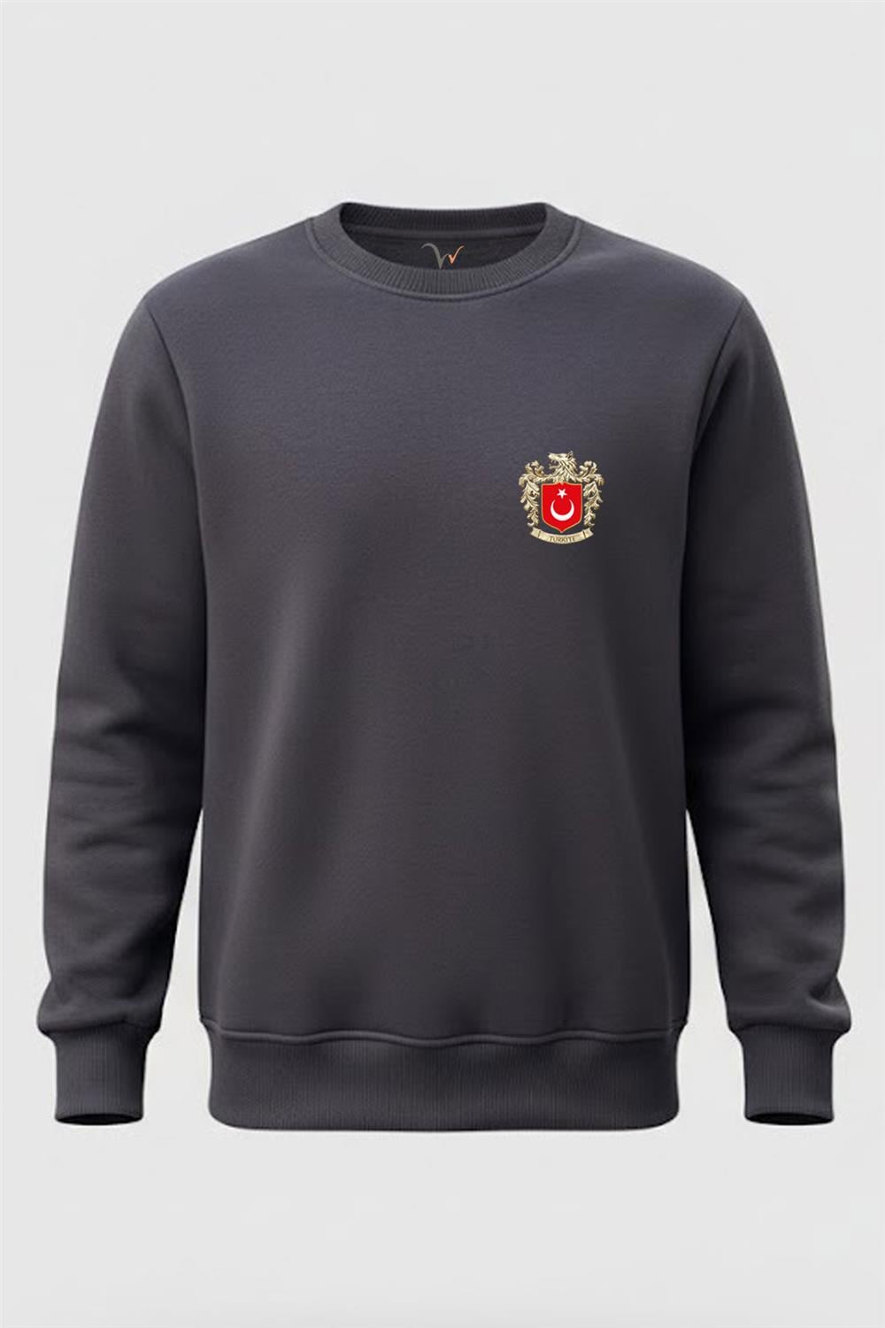Bozkurt Sembolü Türkiye Ve Türk Bayrağı Kurt Baskılı 3 İp Şardonlu %100 Pamuk Sweatshirt - Füme