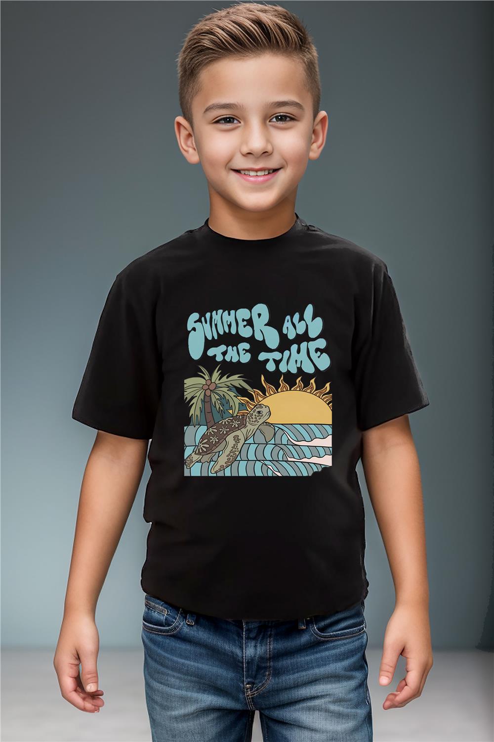 Caretta Caretta Summer Vibe Yazlık Cool Baskılı %100 Pamuk Erkek Çocuk Kız Çocuk T-Shirt - Siyah