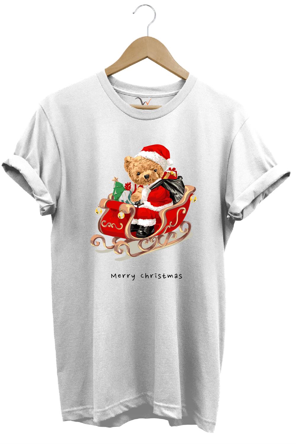 Christmas Baskılı Sevimli Ayıcık Yılbaşı Noel %100 Pamuk Regular Fit Bisiklet Yaka T-Shirt - Beyaz