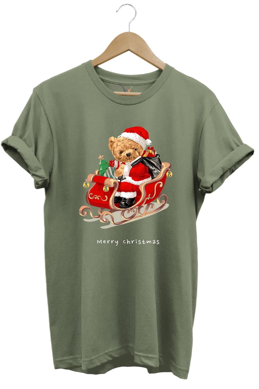 Christmas Baskılı Sevimli Ayıcık Yılbaşı Noel %100 Pamuk Regular Fit Bisiklet Yaka T-Shirt - Haki