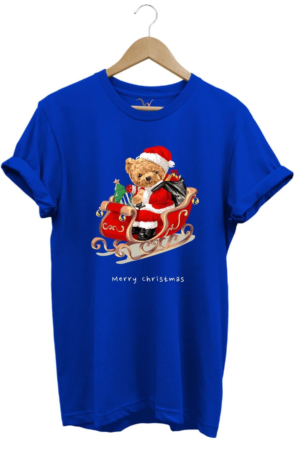 Christmas Baskılı Sevimli Ayıcık Yılbaşı Noel %100 Pamuk Regular Fit Bisiklet Yaka T-Shirt - Mavi