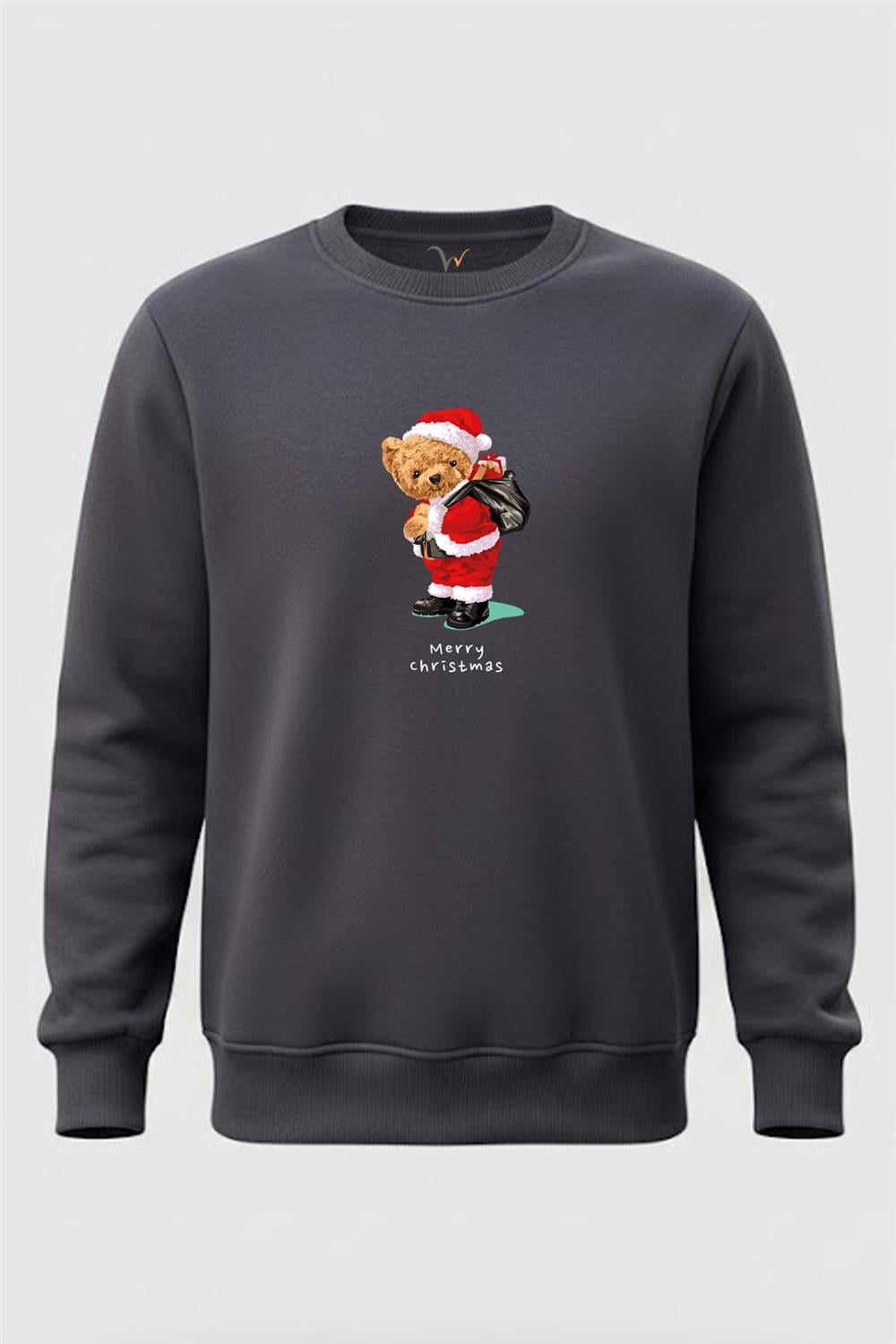 Christmas Sevimli Ayıcık Yılbaşı Noel Baskılı Regular Fit 3 İp Şardonlu %100 Pamuk Sweatshirt - Füme