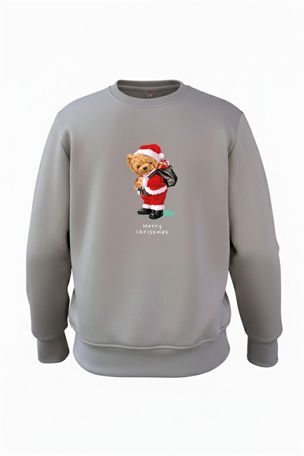 Christmas Sevimli Ayıcık Yılbaşı Noel Baskılı Regular Fit 3 İp Şardonlu %100 Pamuk Sweatshirt - Antrasit