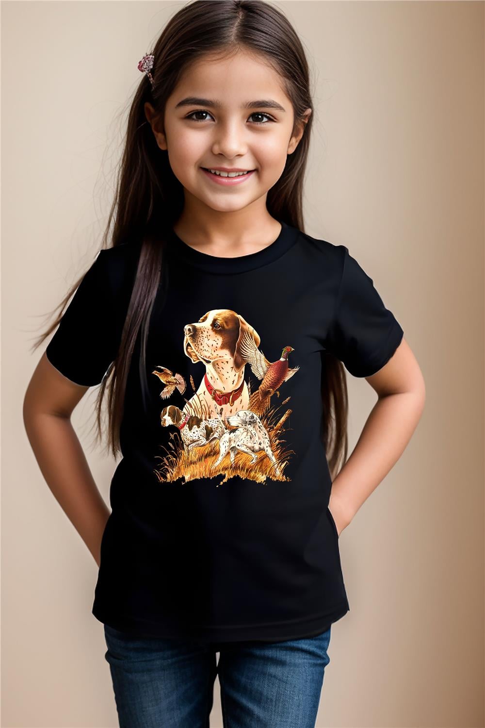 Desenli Av Köpeği İngiliz Pointer Setter Sülün %100 Pamuk Kız Erkek Çocuk T-Shirt - Siyah