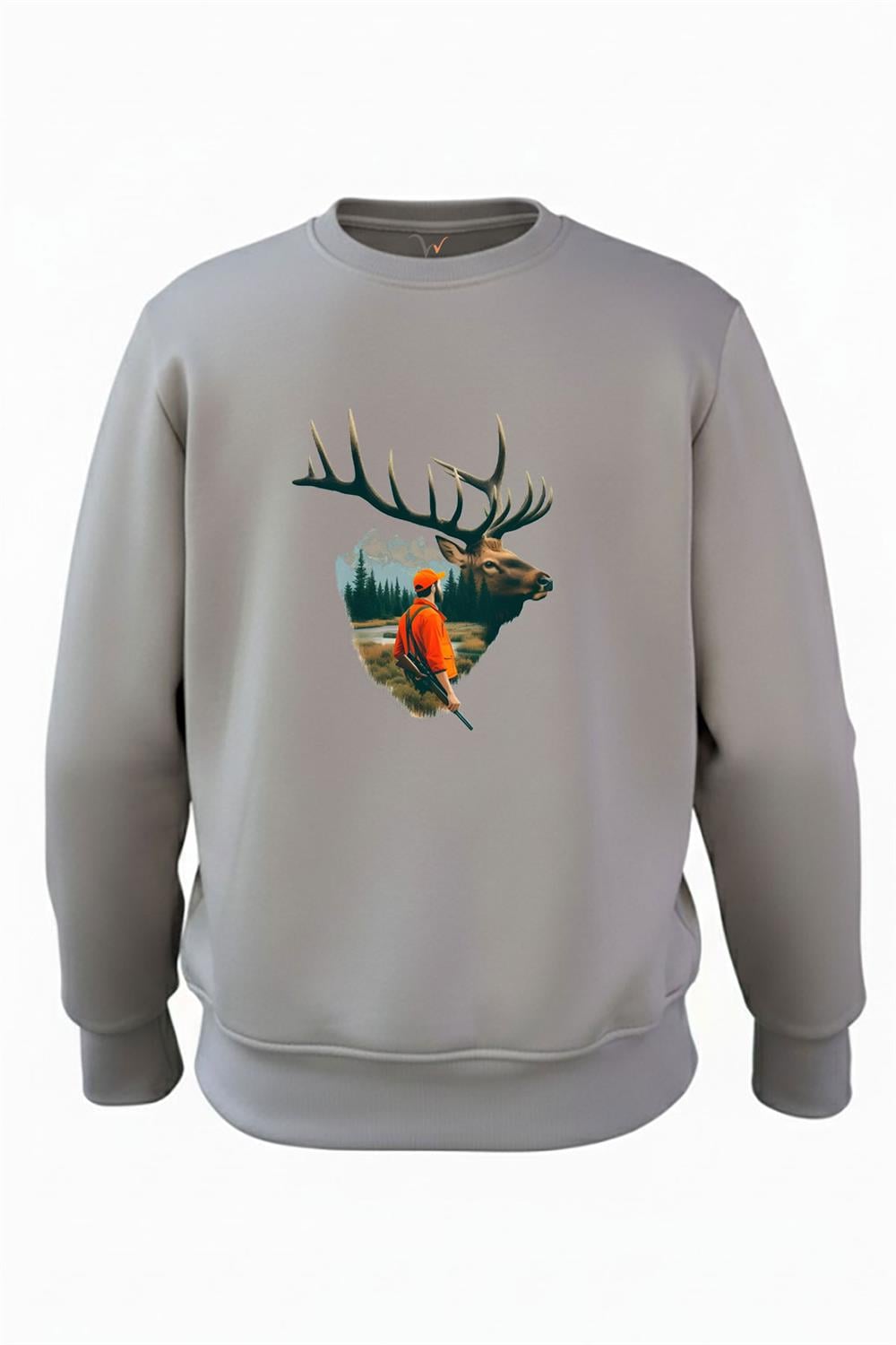 Doğa Avcılık Geyik Ve Avcı Tema Baskılı Vahşi Yaşam Regular Fit 3İp Şardonlu %100 Pamuk Sweatshirt - Antrasit