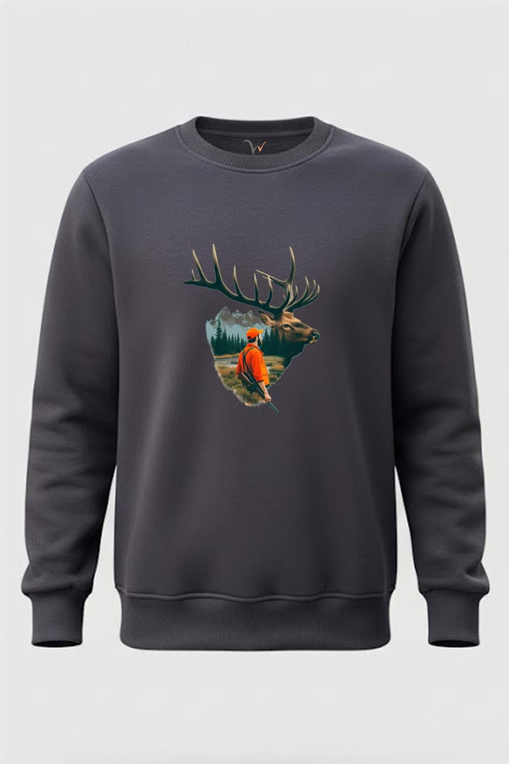 Doğa Avcılık Geyik Ve Avcı Tema Baskılı Vahşi Yaşam Regular Fit 3İp Şardonlu %100 Pamuk Sweatshirt - Füme