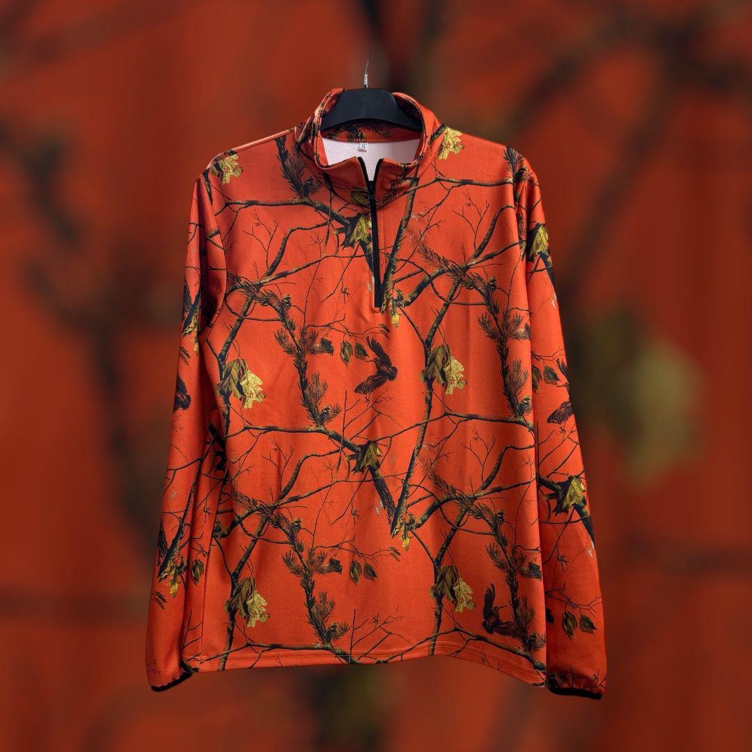 Doğa İçin Tasarlanmış Yarı Fermuar Orman Desen Çulluk Baskılı 3 İplik Sweatshirt Turuncu