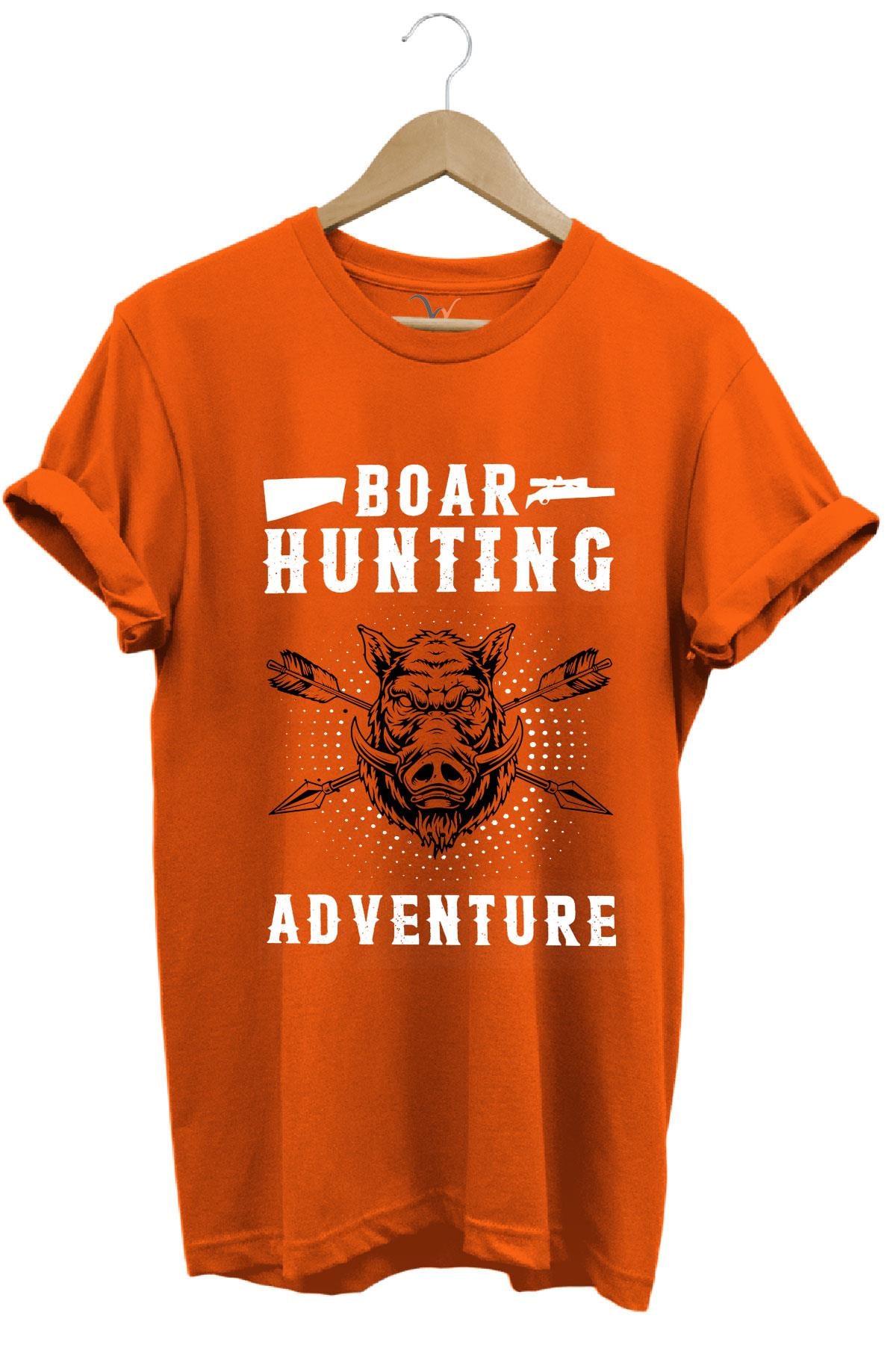 Domuz Avcılığı Baskılı Hunter Avcılık Temalı %100 Pamuk Regular Fit T-Shirt - Turuncu