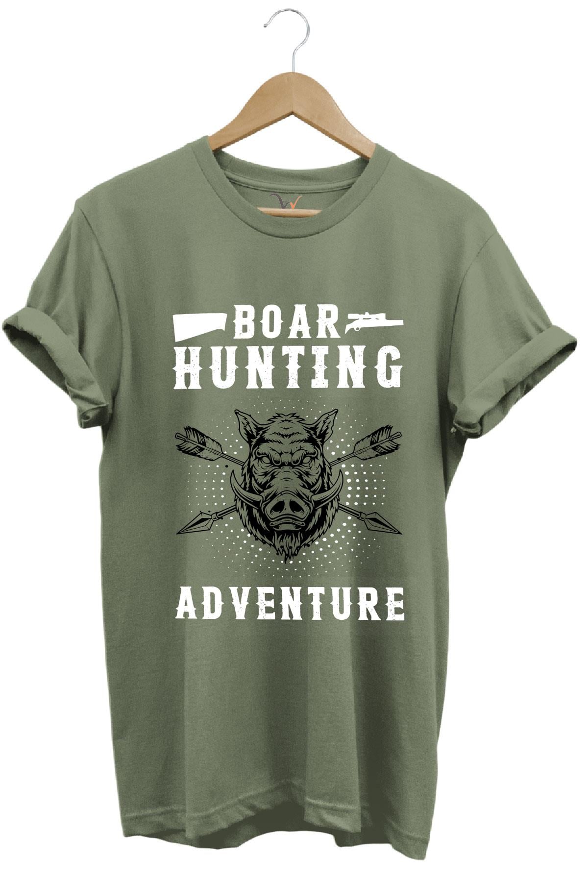 Domuz Avcılığı Baskılı Hunter Avcılık Temalı %100 Pamuk Regular Fit T-Shirt - Haki