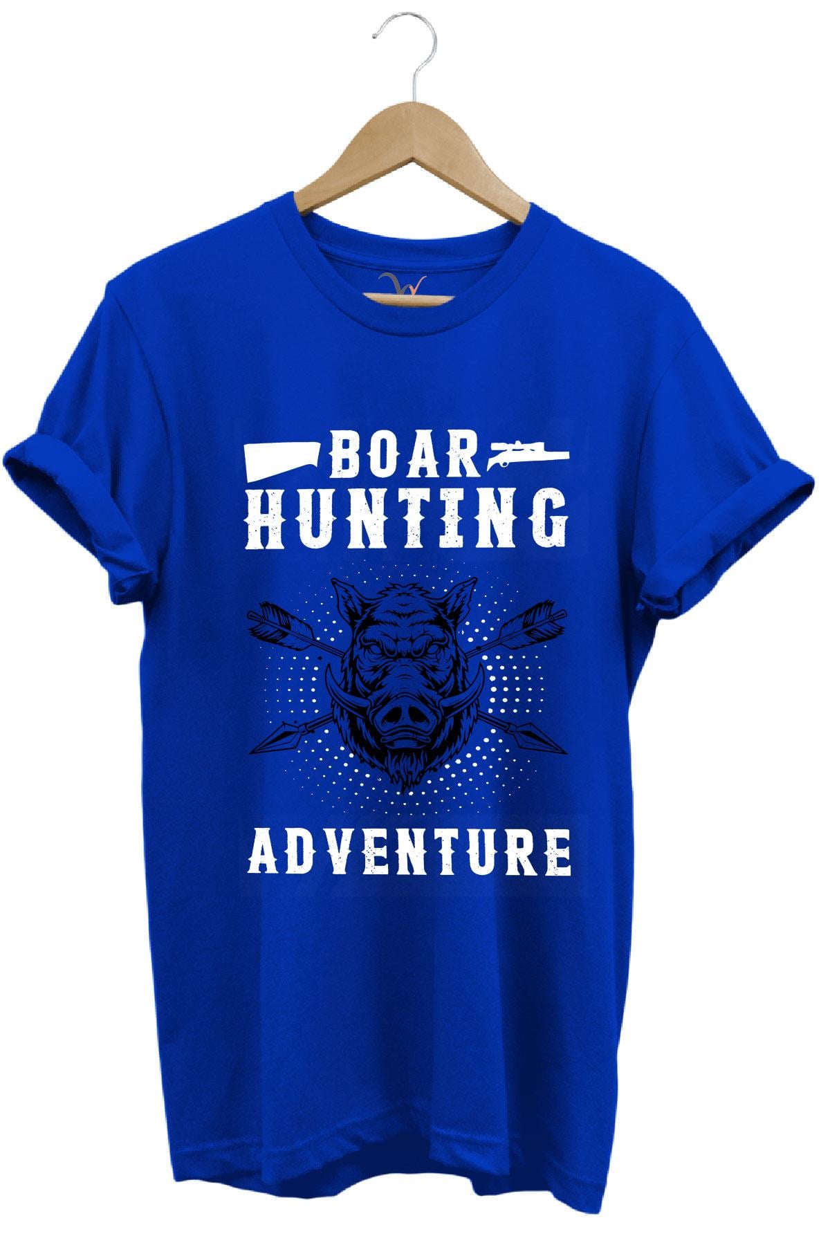 Domuz Avcılığı Baskılı Hunter Avcılık Temalı %100 Pamuk Regular Fit T-Shirt - Mavi