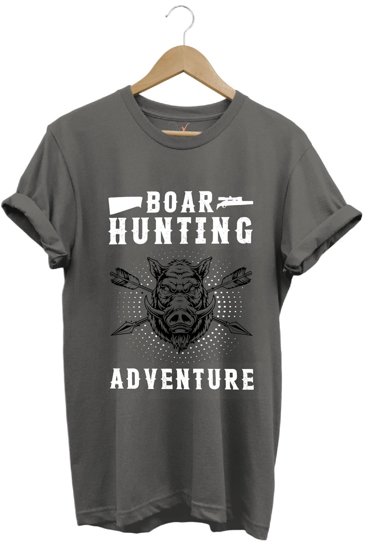 Domuz Avcılığı Baskılı Hunter Avcılık Temalı %100 Pamuk Regular Fit T-Shirt - Antrasit
