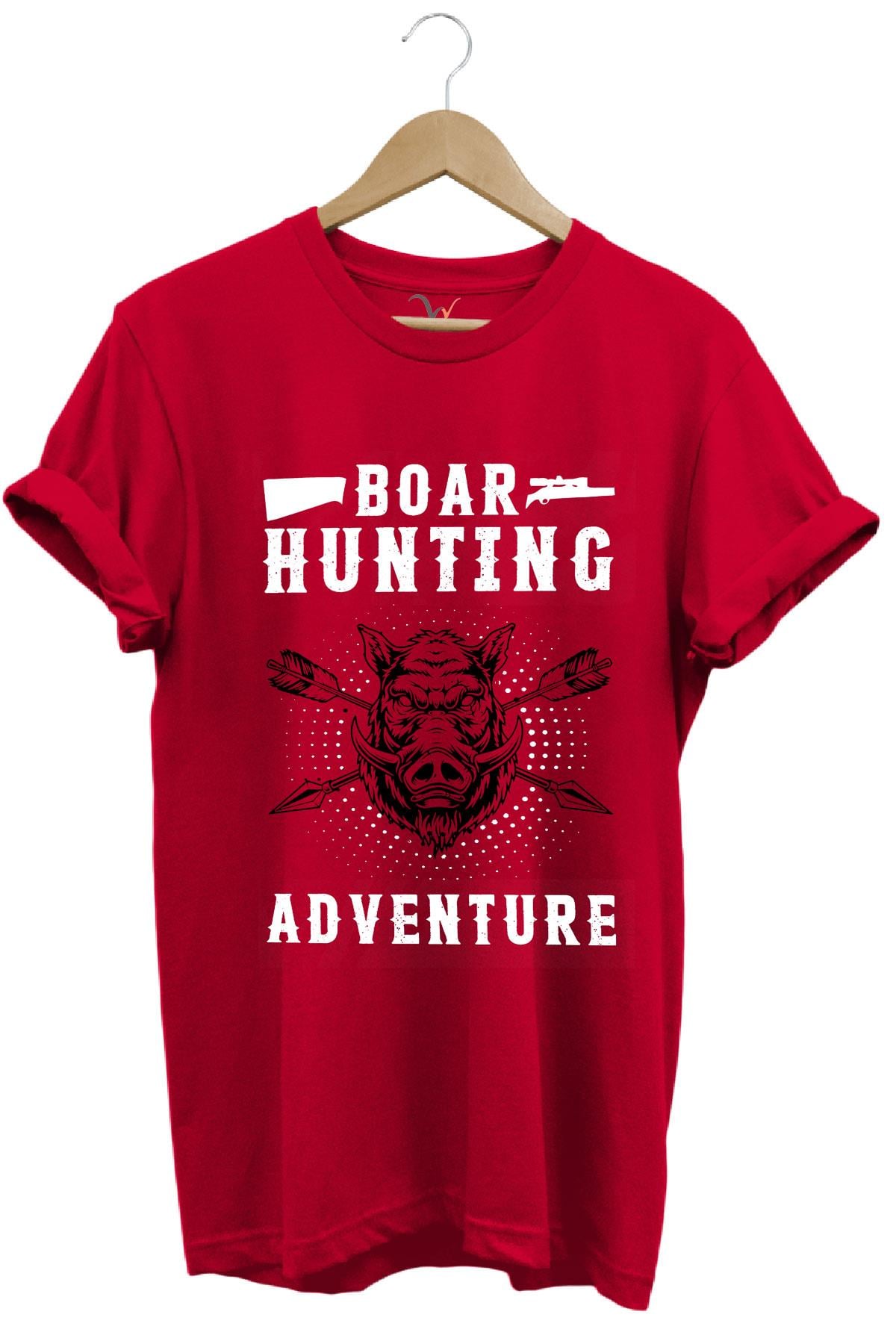 Domuz Avcılığı Baskılı Hunter Avcılık Temalı %100 Pamuk Regular Fit T-Shirt - Kırmızı