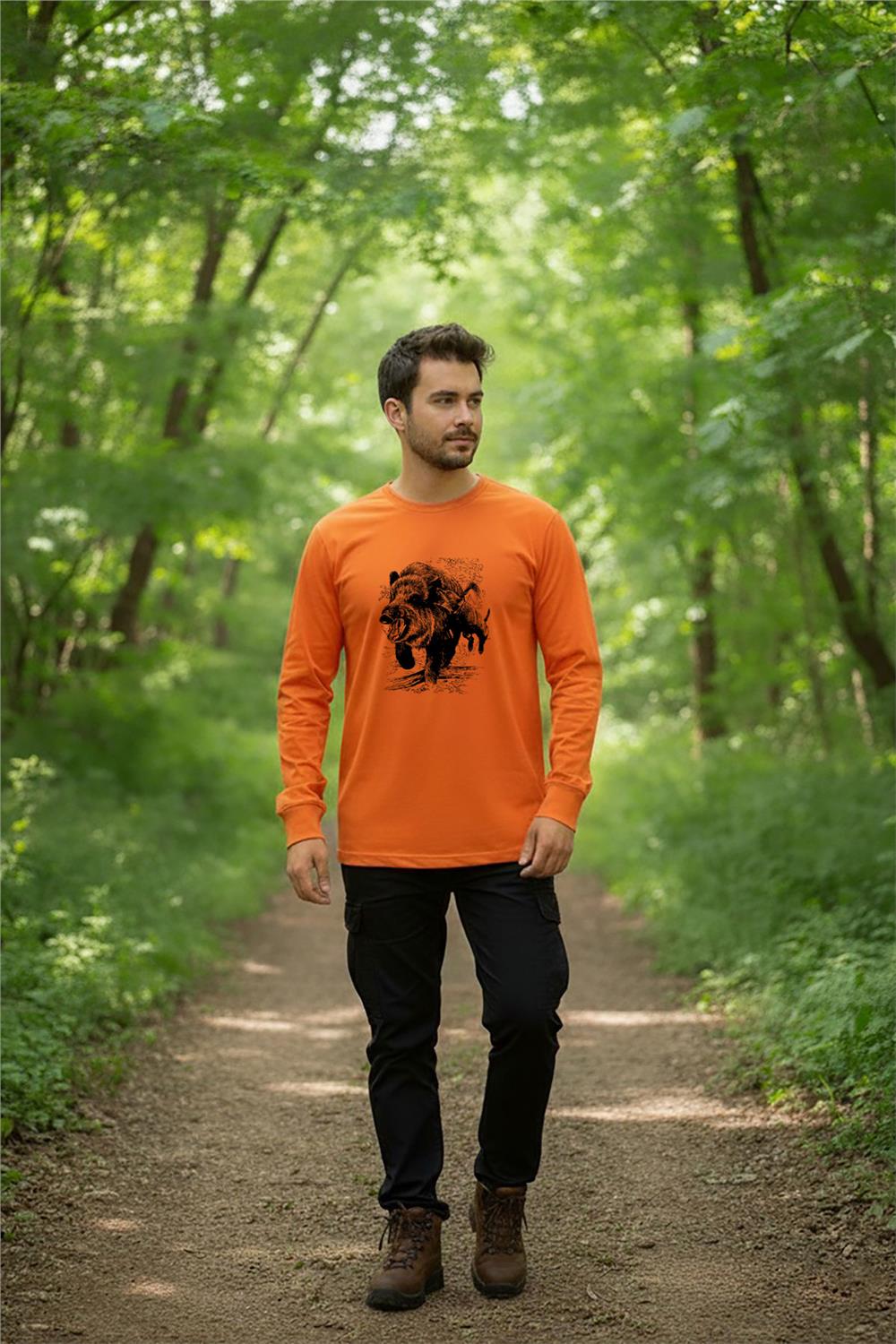 Domuz Avı Baskılı Regular Fit Turuncu Bisiklet Yaka Uzun Kollu T-Shirt - Turuncu