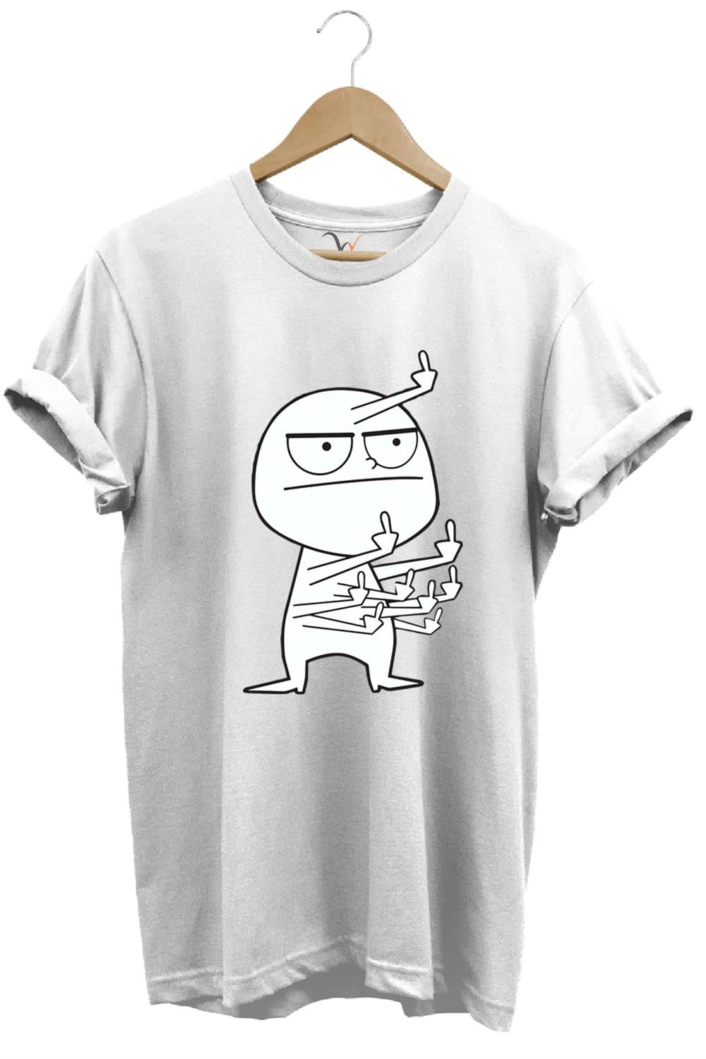 Eğlenceli Komik Orta Parmak Tasarım Baskılı %100 Pamuk Regular Fit T-Shirt - Beyaz