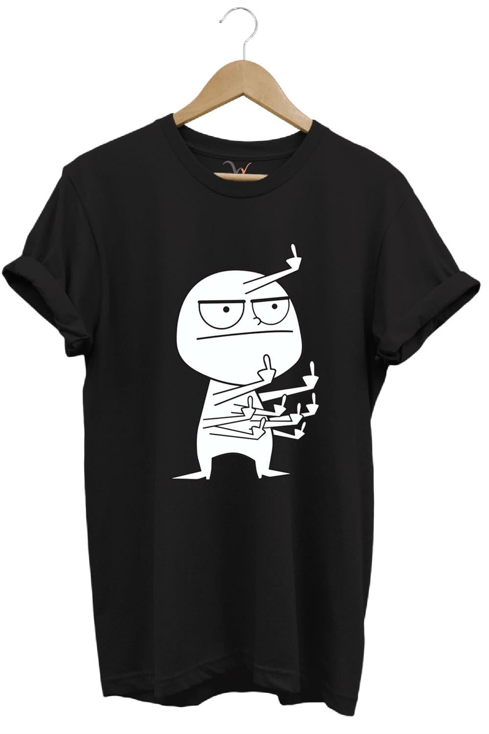 Eğlenceli Komik Orta Parmak Tasarım Baskılı %100 Pamuk Regular Fit T-Shirt - Siyah